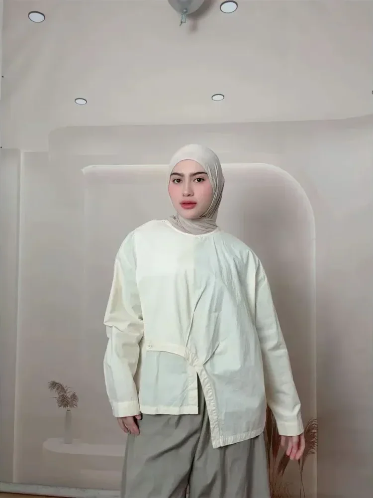 [CUCI GUDANG]CHICMORE Atasan lengan panjang warna solid kerah bulat longgar untuk wanita