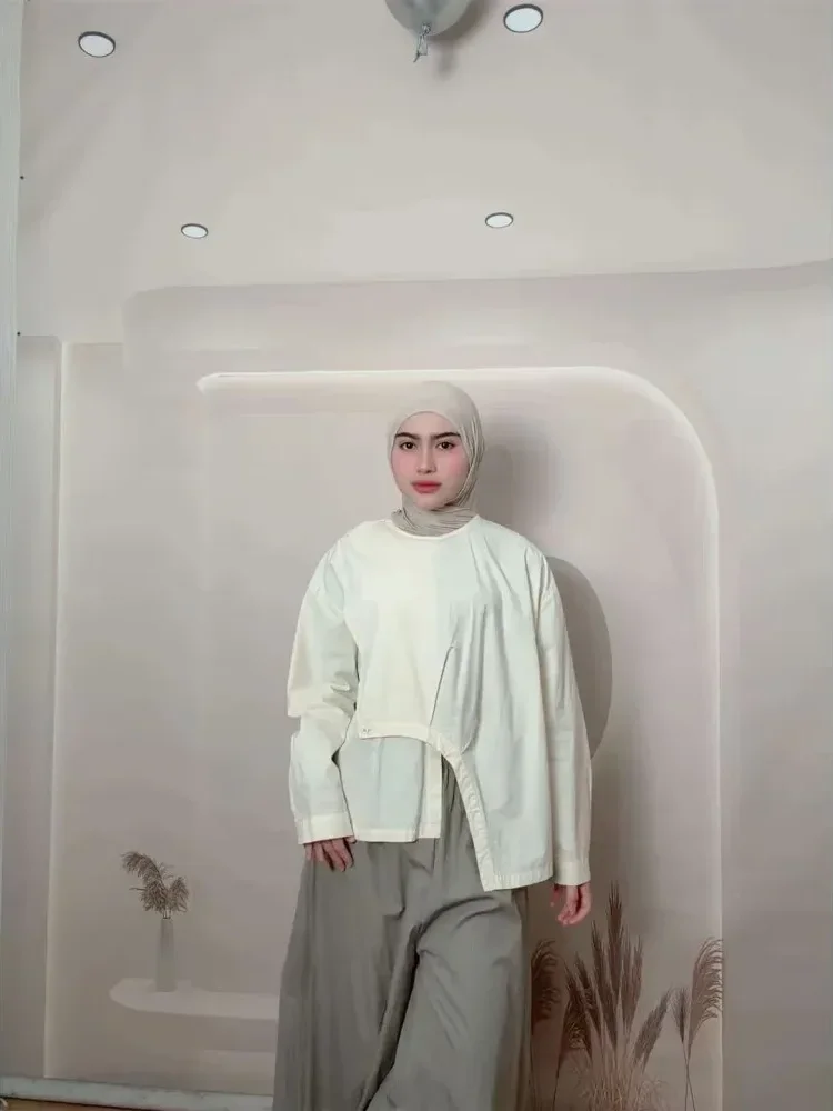 [CUCI GUDANG]CHICMORE Atasan lengan panjang warna solid kerah bulat longgar untuk wanita