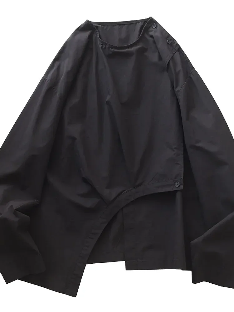 [CUCI GUDANG]CHICMORE Atasan lengan panjang warna solid kerah bulat longgar untuk wanita