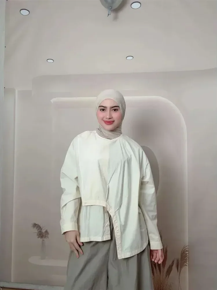 [CUCI GUDANG]CHICMORE Atasan lengan panjang warna solid kerah bulat longgar untuk wanita