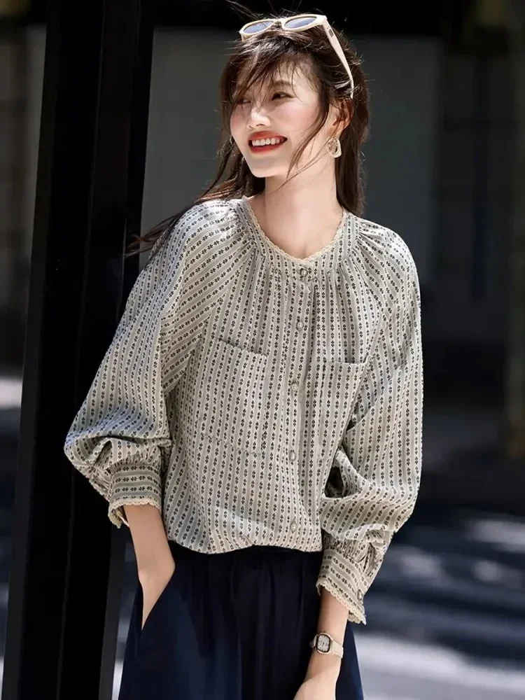 CHICMORE Atasan kemeja motif cetak gaya retro lengan panjang