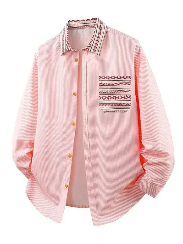 CHICMORE Kemeja lengan panjang model longgar gaya retro motif bergaris
