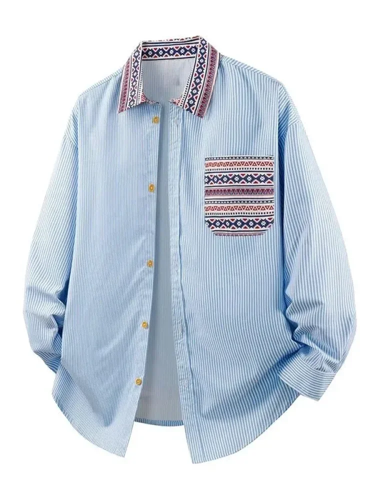 CHICMORE Kemeja lengan panjang model longgar gaya retro motif bergaris