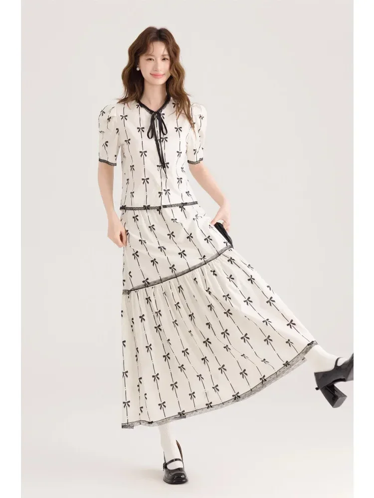 CHICMORE Setelan bermotif pita cantik dengan atasan lengan pendek dan rok pinggang tinggi model a-line