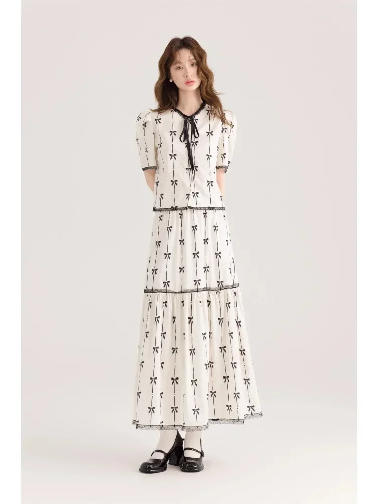 CHICMORE Setelan bermotif pita cantik dengan atasan lengan pendek dan rok pinggang tinggi model a-line