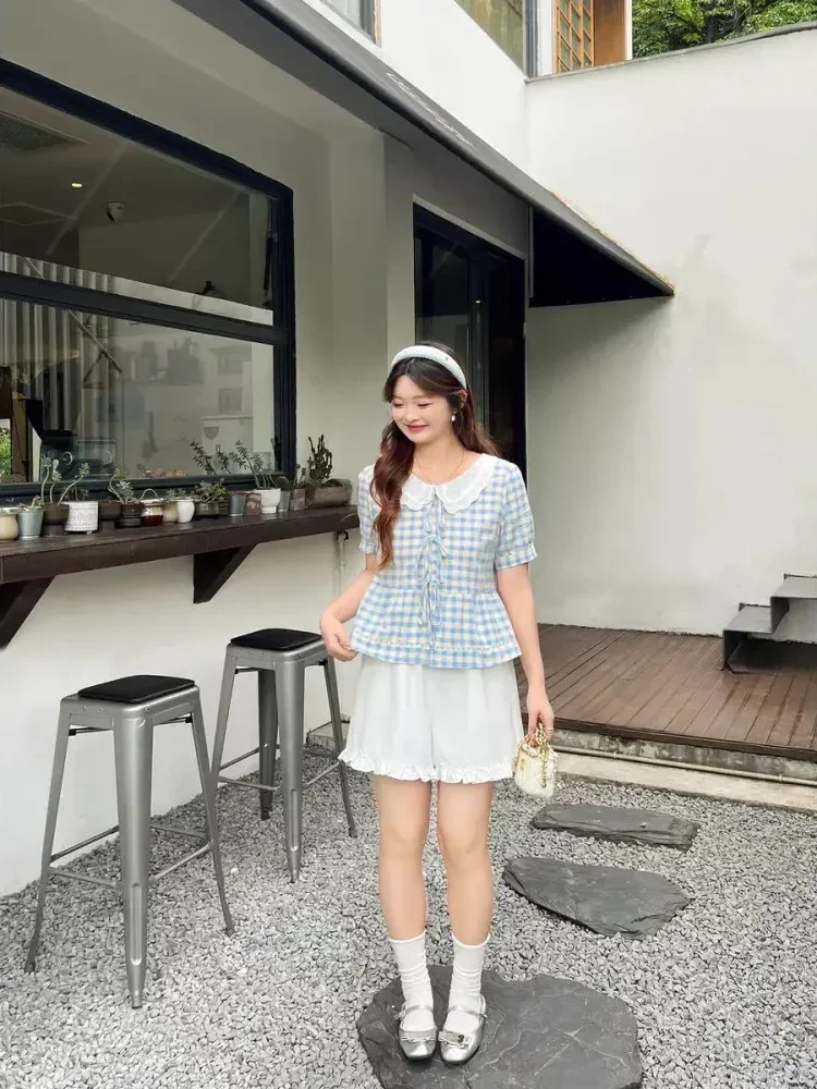 CHICMORE Atasan baju lengan pendek motif kotak kotak kerah lebar untuk wanita