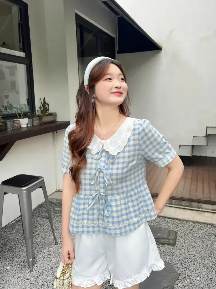CHICMORE Atasan baju lengan pendek motif kotak kotak kerah lebar untuk wanita