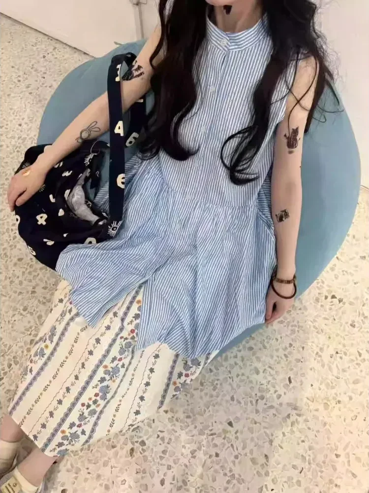 CHICMORE Setelan kasual atasan panjang bergaris tanpa lengan  + rok aline set dua potong modis untuk wanita