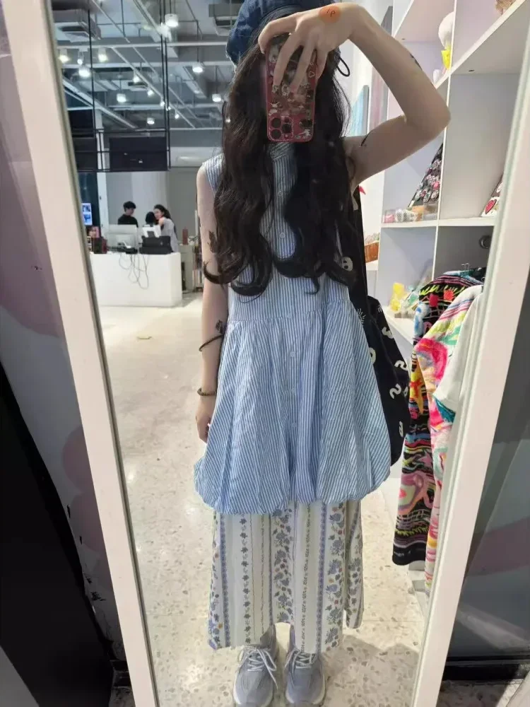 CHICMORE Setelan kasual atasan panjang bergaris tanpa lengan  + rok aline set dua potong modis untuk wanita