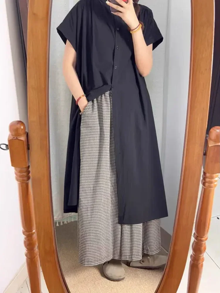 CHICMORE Setelan dua potong atasan lengan pendek dengan celana panjang motif kotak kotak kaki lebar untuk wanita