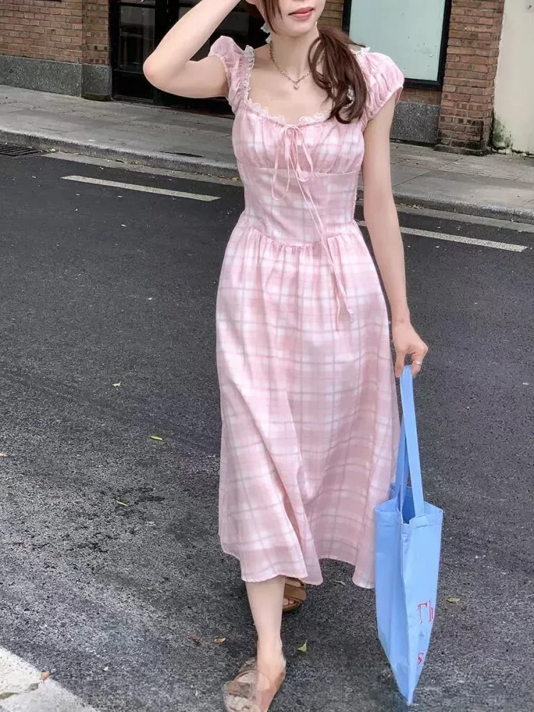 CHICMORE Gaun panjang elegan leher persegi motif kotak kotak berwarna pink untuk wanita