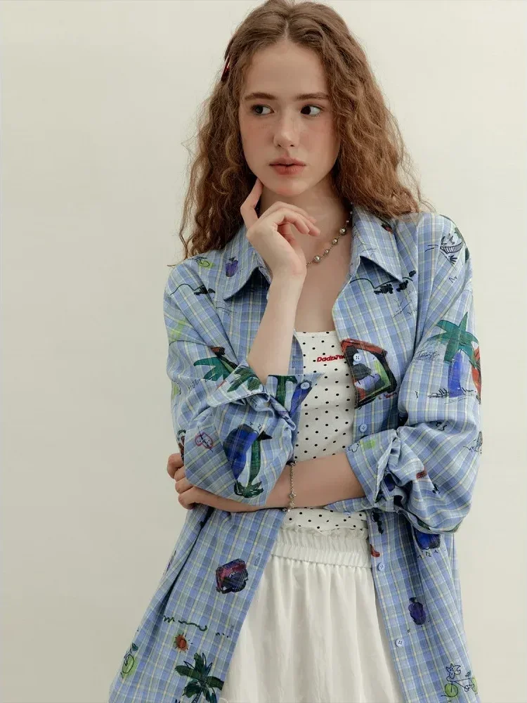 CHICMORE Atasan gaya kasual untuk wanita dengan desain lengan panjang longgar motif kotak-kotak