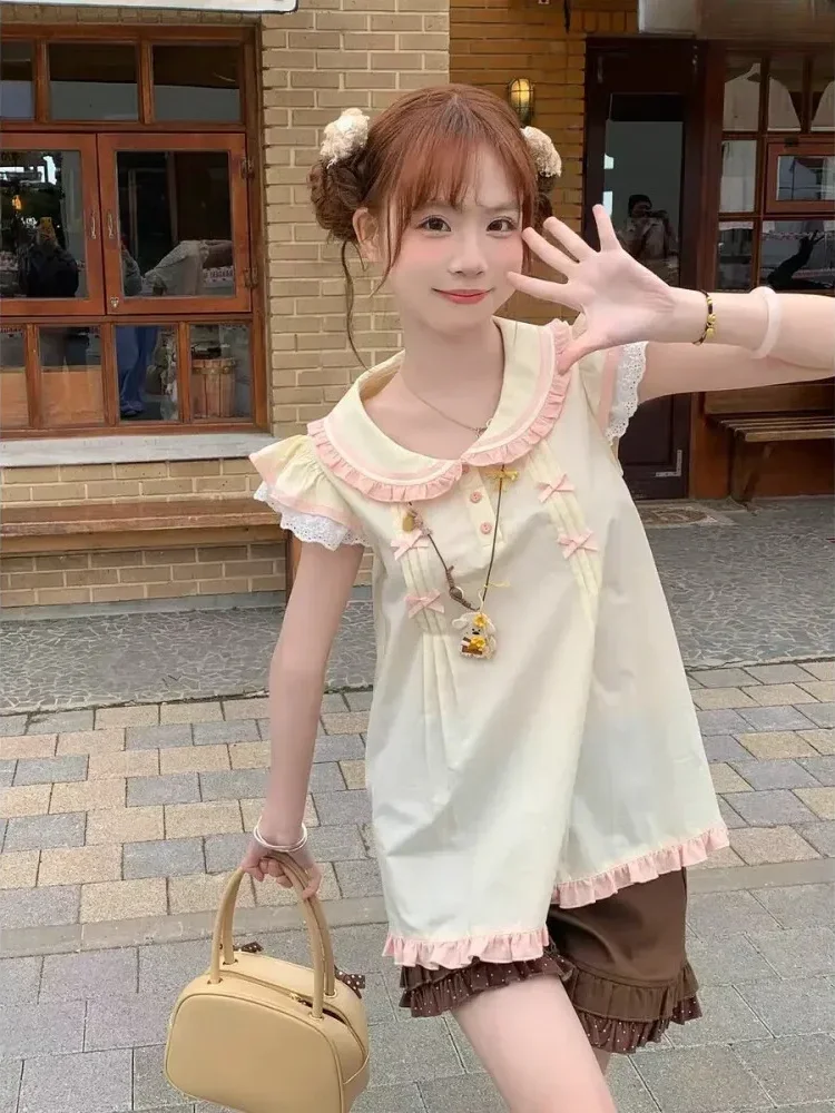 CHICMORE Atasan kemeja model  baru dengan kerah boneka dan pita cantik lengan terbang gaya trendi