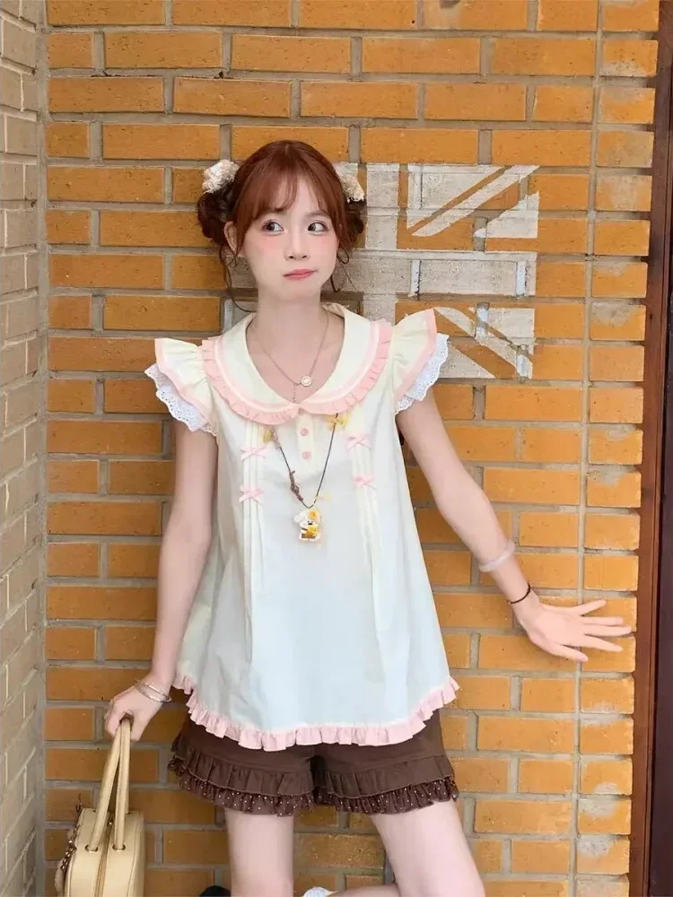 CHICMORE Atasan kemeja model  baru dengan kerah boneka dan pita cantik lengan terbang gaya trendi
