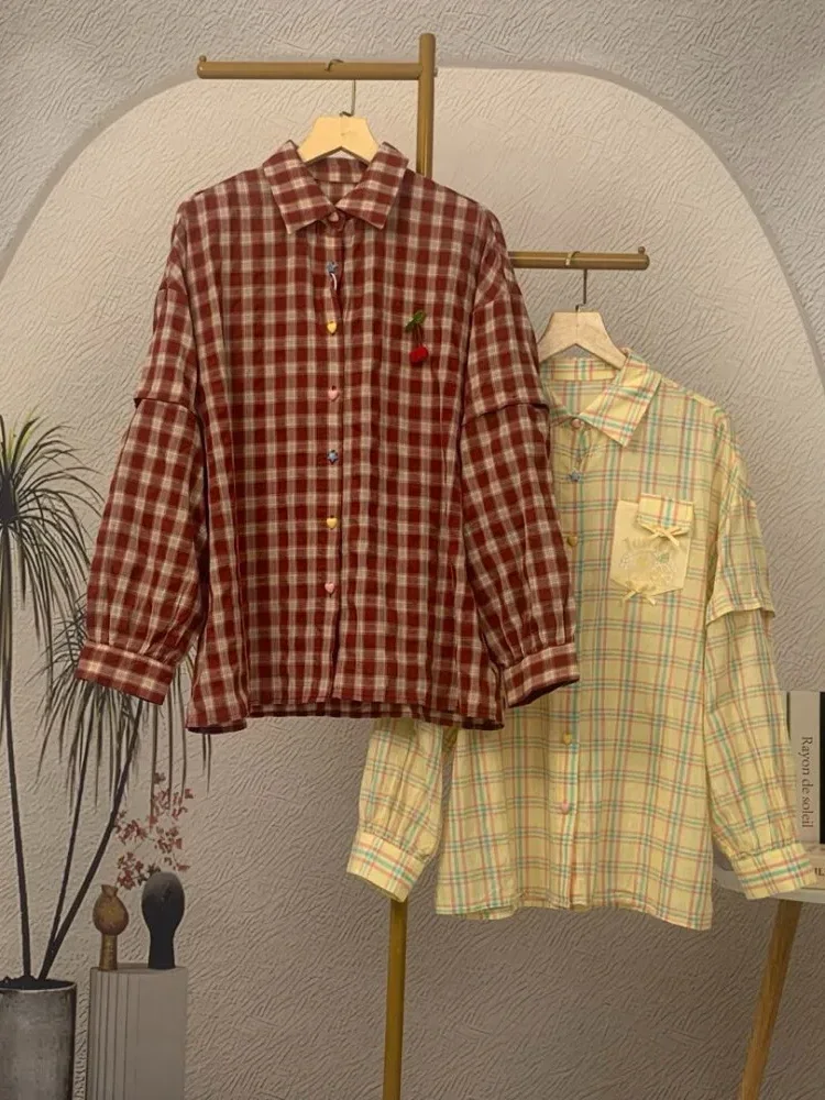 [DISKON KILAT]CHICMORE Kemeja wanita lengan panjang model longgar motif kotak veriasi lucu