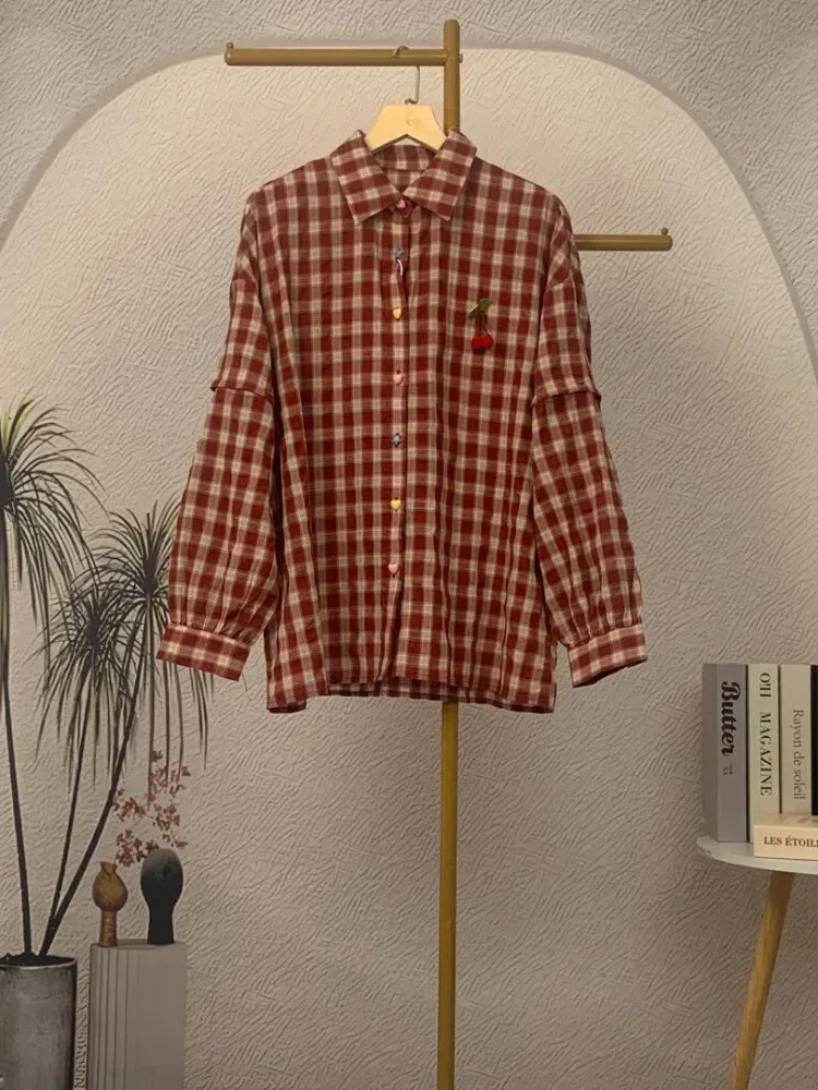 [DISKON KILAT]CHICMORE Kemeja wanita lengan panjang model longgar motif kotak veriasi lucu