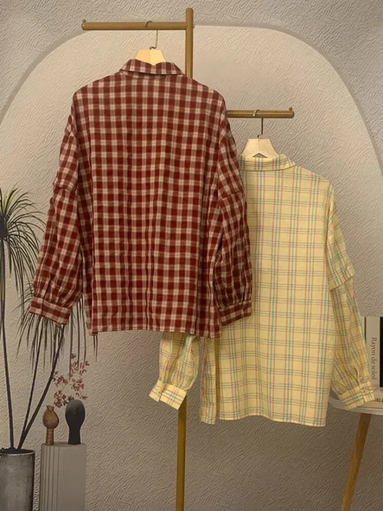[DISKON KILAT]CHICMORE Kemeja wanita lengan panjang model longgar motif kotak veriasi lucu