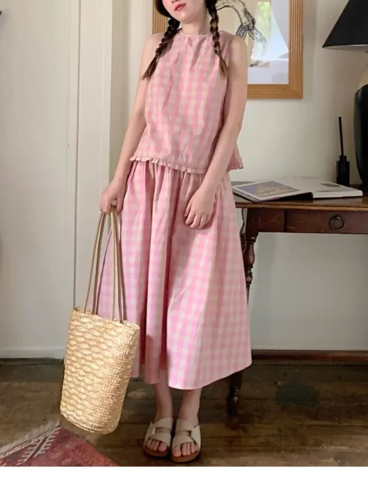 CHICMORE Setelan dua potong untuk wanita atasan tanpa lengan dan rok motif kotak warna pink