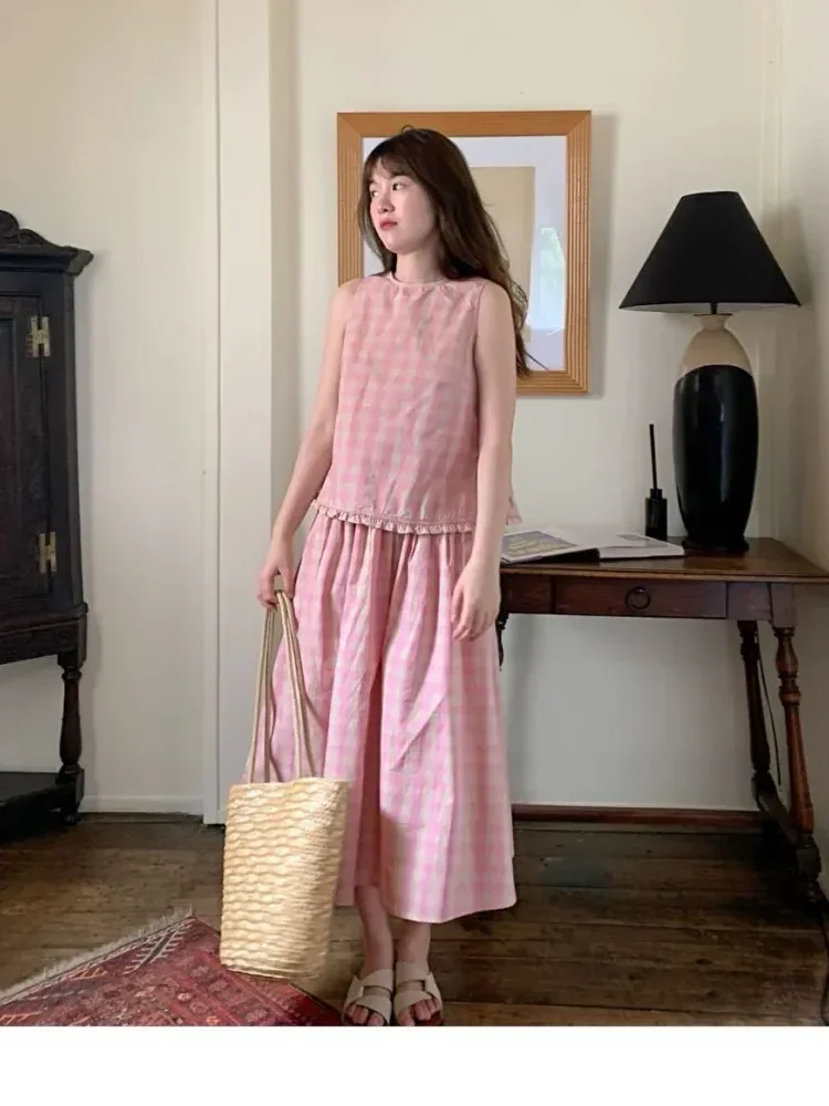 CHICMORE Setelan dua potong untuk wanita atasan tanpa lengan dan rok motif kotak warna pink