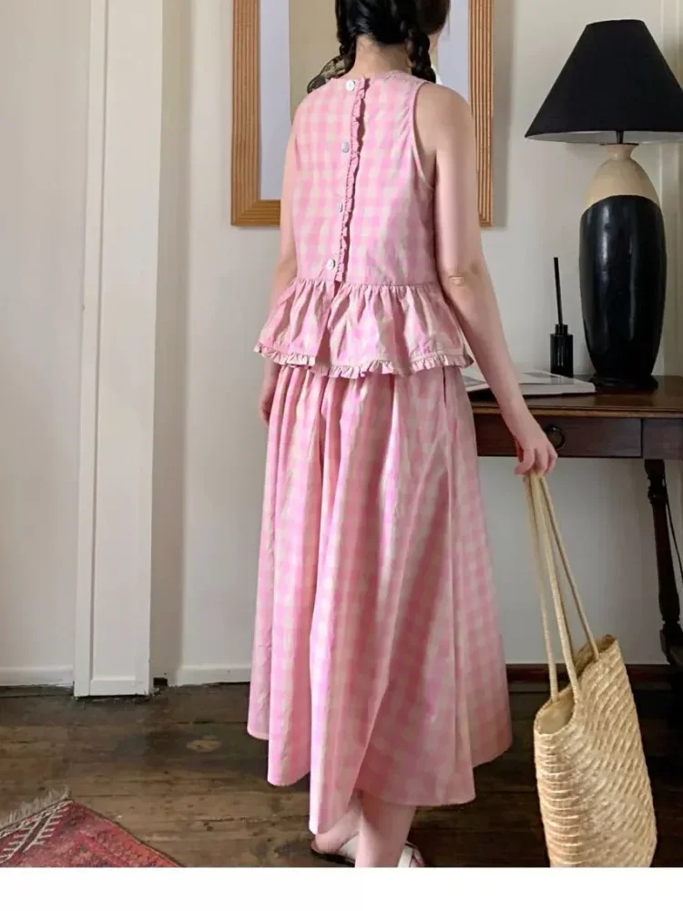 CHICMORE Setelan dua potong untuk wanita atasan tanpa lengan dan rok motif kotak warna pink