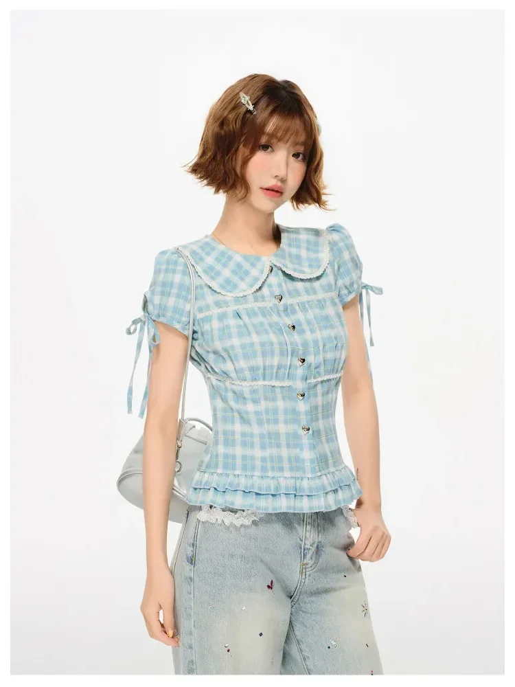 CHICMORE Kemeja lengan pendek motif kotak kerah boneka korean style