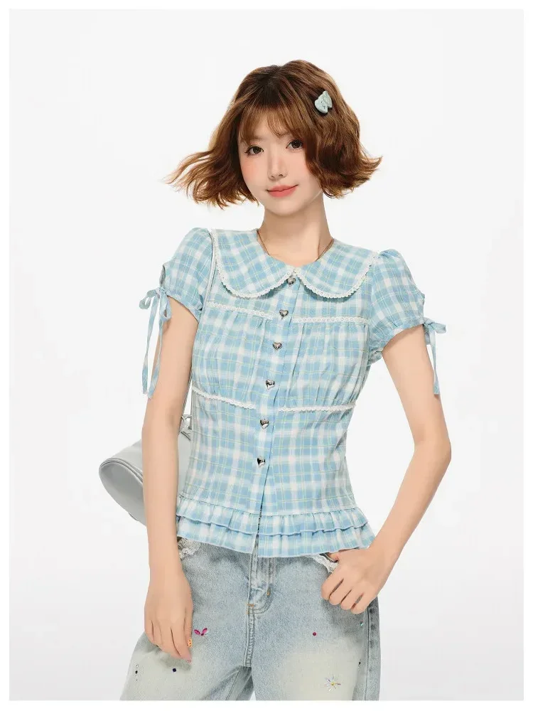 CHICMORE Kemeja lengan pendek motif kotak kerah boneka korean style