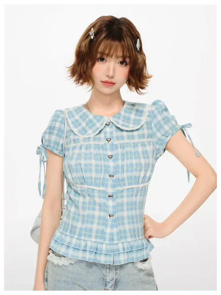 CHICMORE Kemeja lengan pendek motif kotak kerah boneka korean style