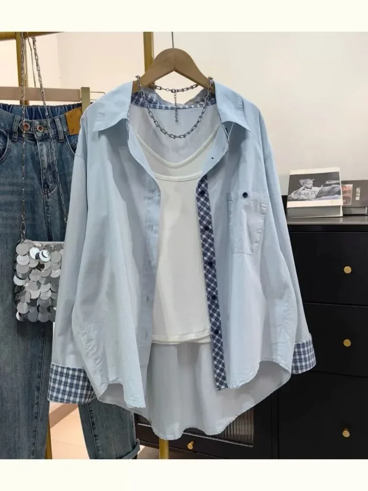 CHICMORE Kemeja wanita gaya casual lengan panjang model longgar warna solid elegant