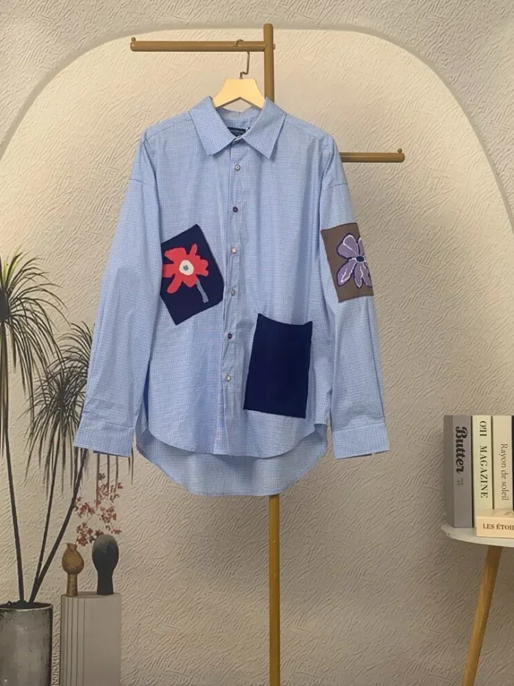 CHICMORE Kemeja longgar lengan panjang motif kotak kotak kecil dengan variasi unik gaya kekinian