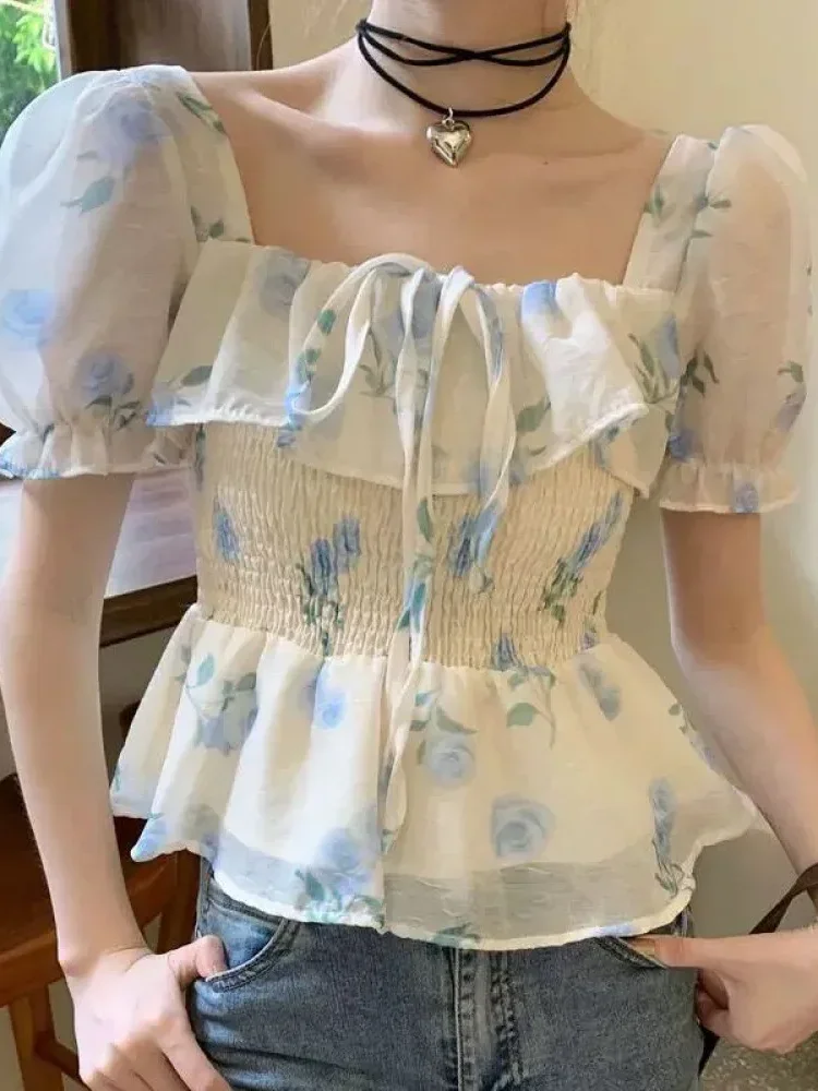 CHICMORE Atasan blouse lengan pendek puff motif bunga untuk wanita