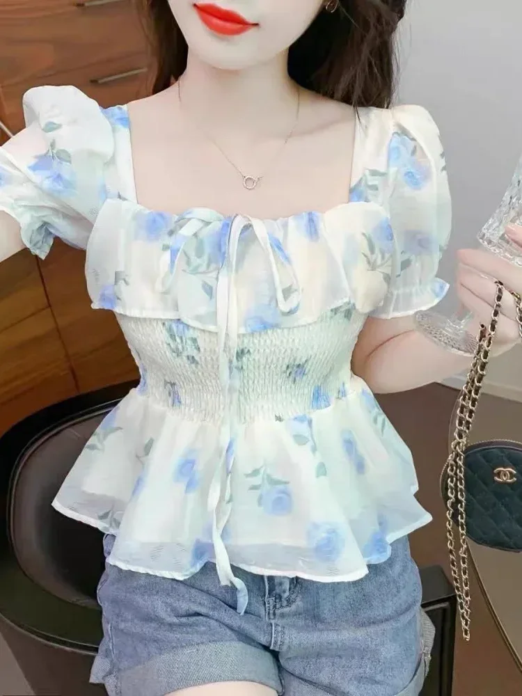 CHICMORE Atasan blouse lengan pendek puff motif bunga untuk wanita