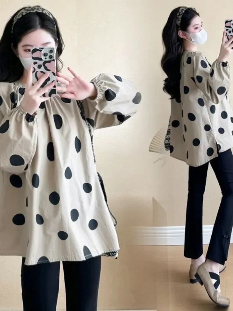 CHICMORE Kemeja lengan panjang polkadot cetak temperamen trendi