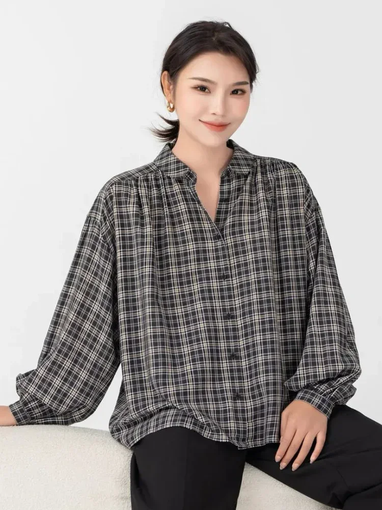 CHICMORE Atasan kemeja kasual dengan lengan panjang bermotif kotak-kotak untuk wanita