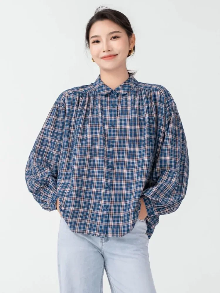 CHICMORE Atasan kemeja kasual dengan lengan panjang bermotif kotak-kotak untuk wanita
