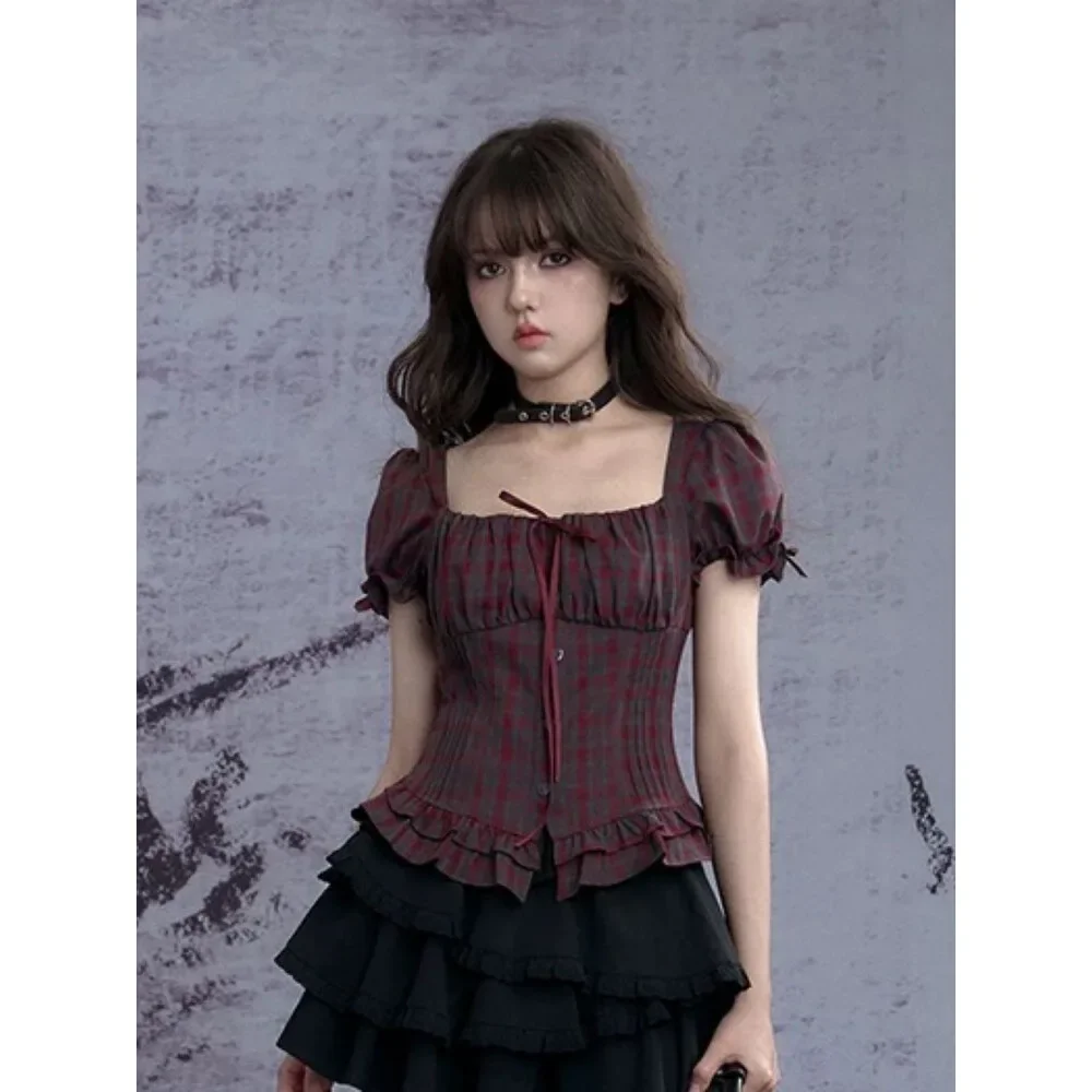 [DISKON KILAT]CHICMORE Atasan wanita lengan puff pendek kerah persegi motif kotak warna kontras