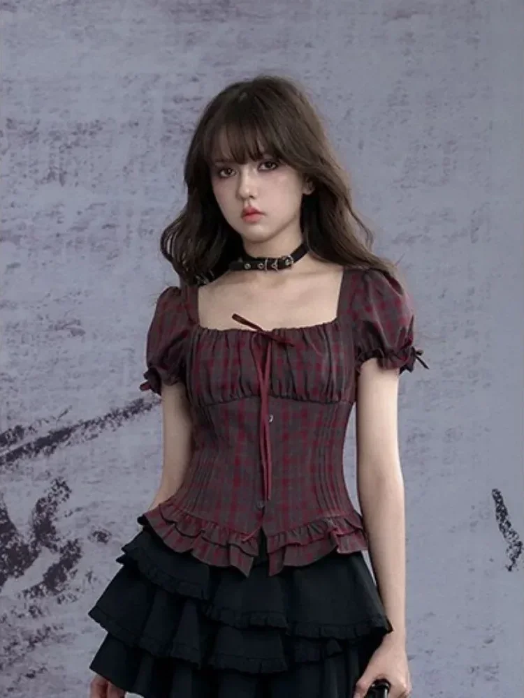 [DISKON KILAT]CHICMORE Atasan wanita lengan puff pendek kerah persegi motif kotak warna kontras