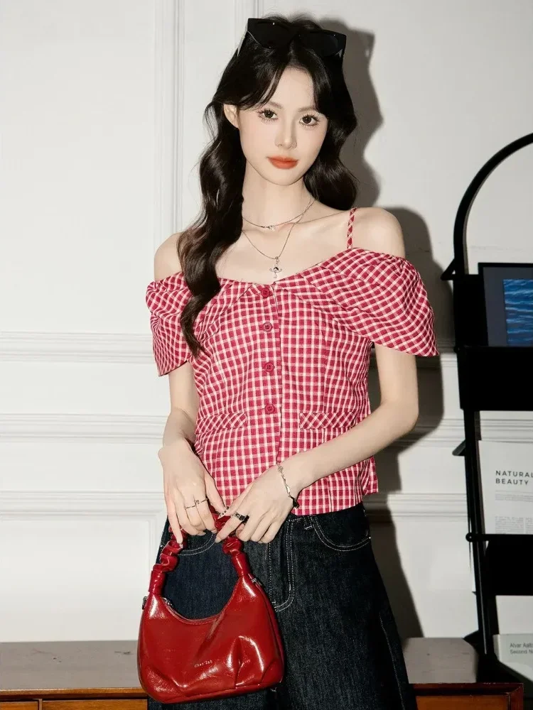CHICMORE Atasan blouse berlengan pendek motif kotak kotak gaya kasual untuk wanita