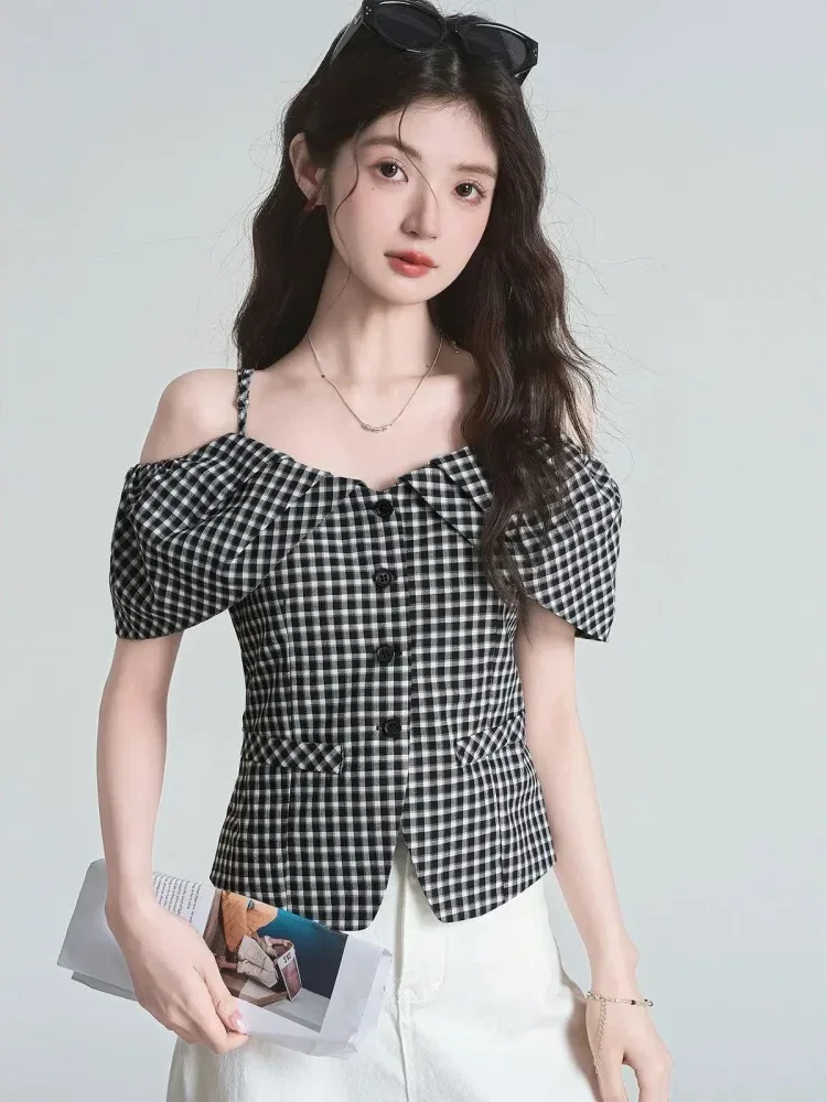 CHICMORE Atasan blouse berlengan pendek motif kotak kotak gaya kasual untuk wanita