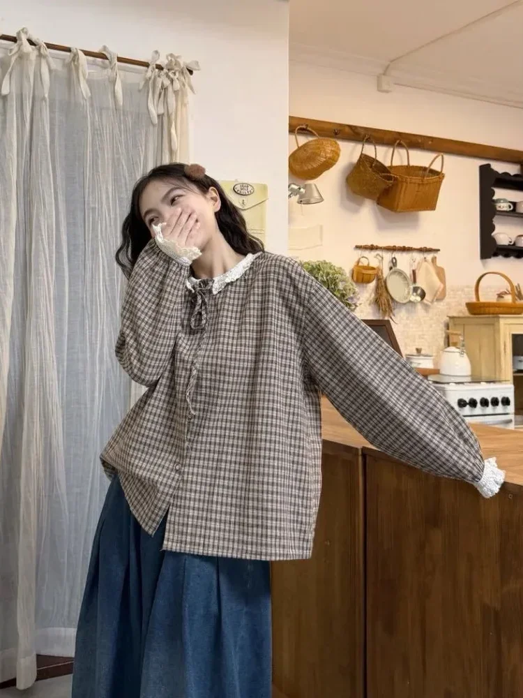 CHICMORE Atasan kemeja wanita motif kotak kecil dengan kerah bulat lengan panjang mode baru