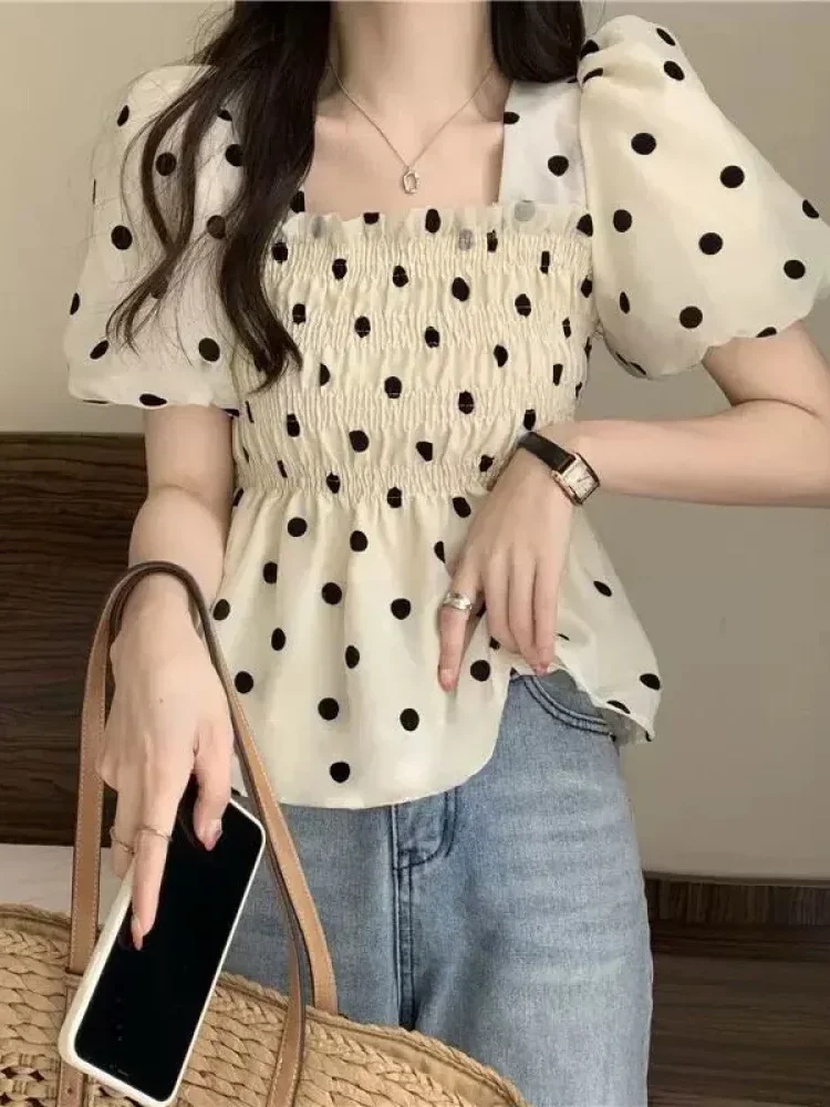 CHICMORE Atasan lengan pendek kerah persegi motif polkadot untuk wanita