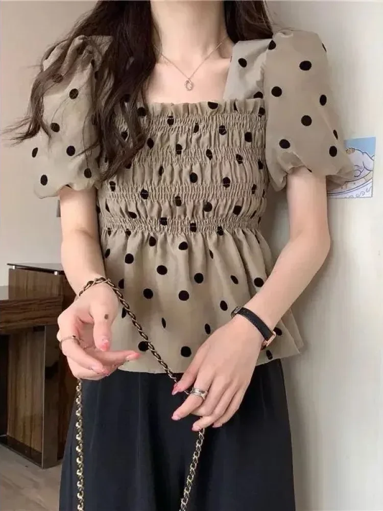 CHICMORE Atasan lengan pendek kerah persegi motif polkadot untuk wanita