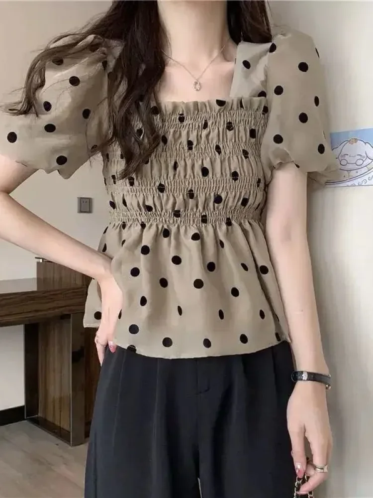 CHICMORE Atasan lengan pendek kerah persegi motif polkadot untuk wanita