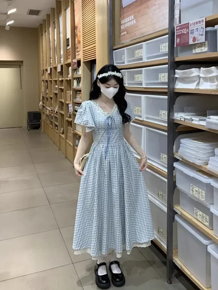 CHICMORE Gaun midi untuk wanita gaya korean style motif kotak pita cantik dengan kerah v dan lengan pendek