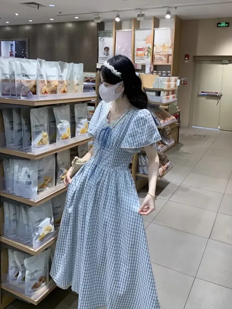 CHICMORE Gaun midi untuk wanita gaya korean style motif kotak pita cantik dengan kerah v dan lengan pendek