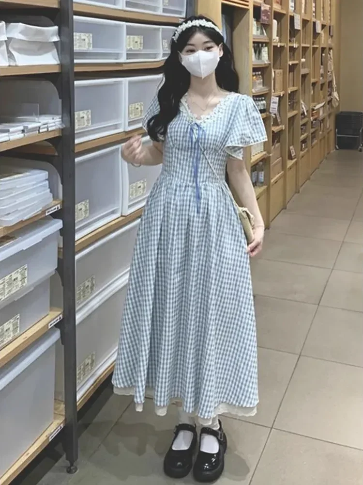 CHICMORE Gaun midi untuk wanita gaya korean style motif kotak pita cantik dengan kerah v dan lengan pendek