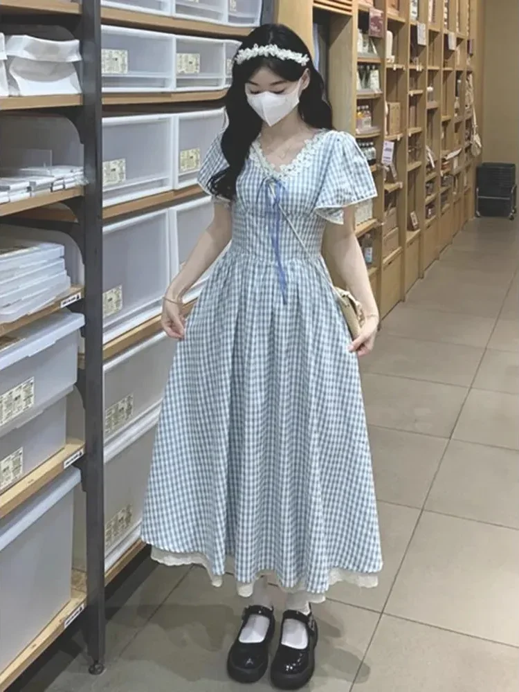 CHICMORE Gaun midi untuk wanita gaya korean style motif kotak pita cantik dengan kerah v dan lengan pendek