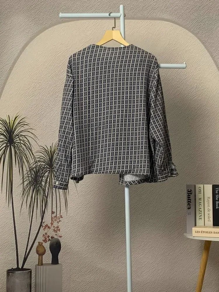 CHICMORE Ladies' loose round-neck long-sleeved checkered top