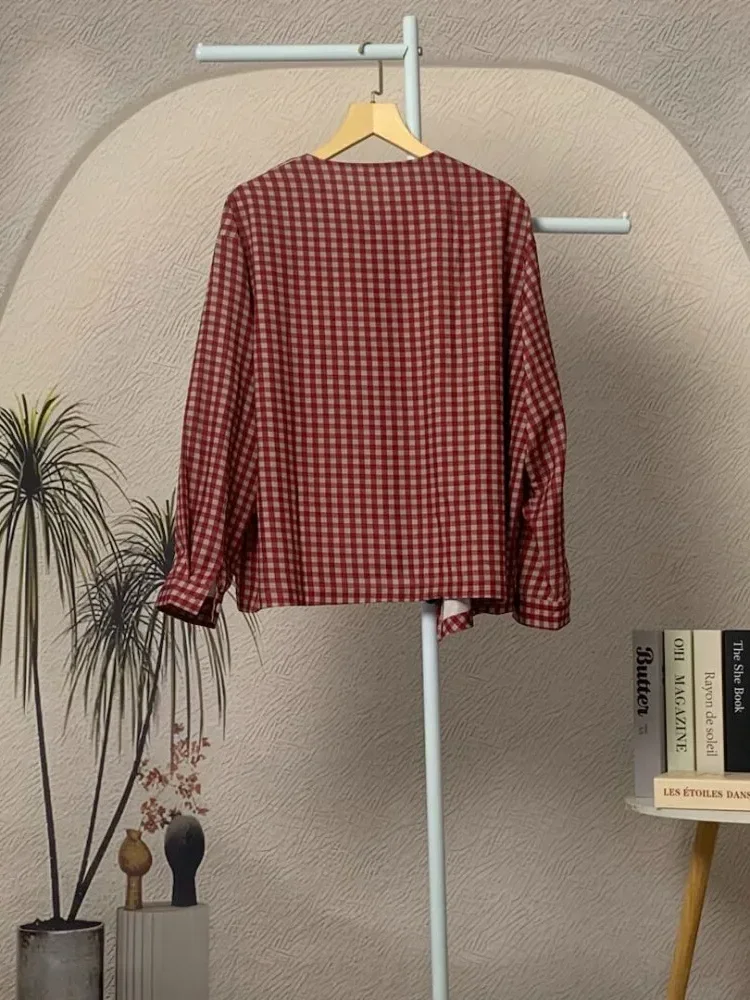 CHICMORE Ladies' loose round-neck long-sleeved checkered top