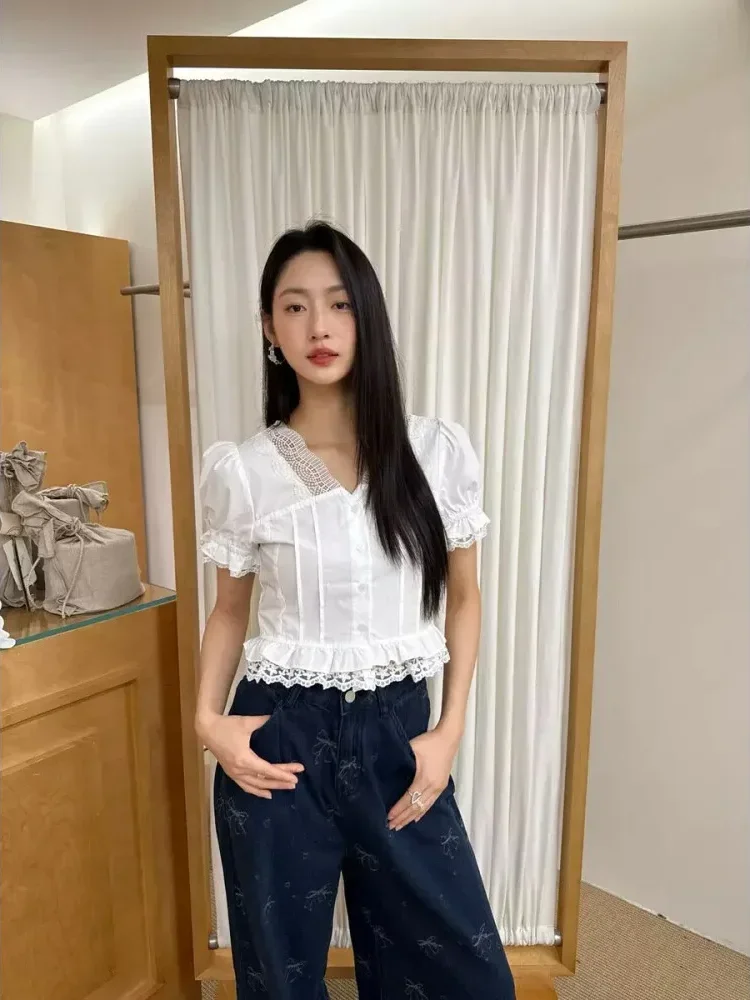 [DISKON KILAT]CHICMORE Kemeja lengan pendek dengan kerah v neck warna solid untuk wanita muda feminine