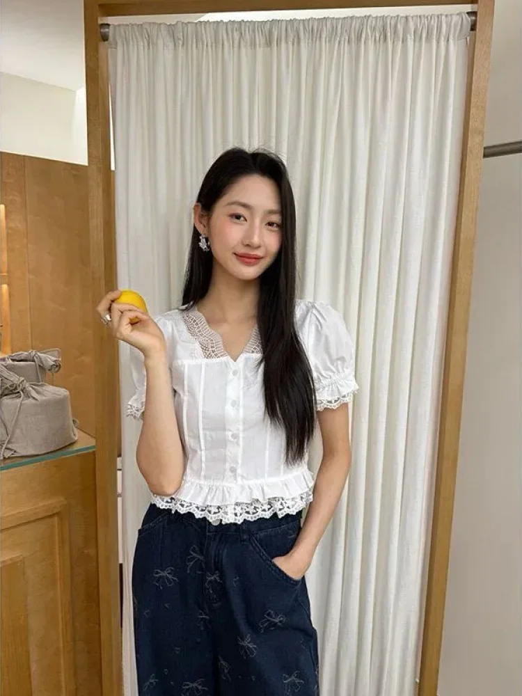 [DISKON KILAT]CHICMORE Kemeja lengan pendek dengan kerah v neck warna solid untuk wanita muda feminine